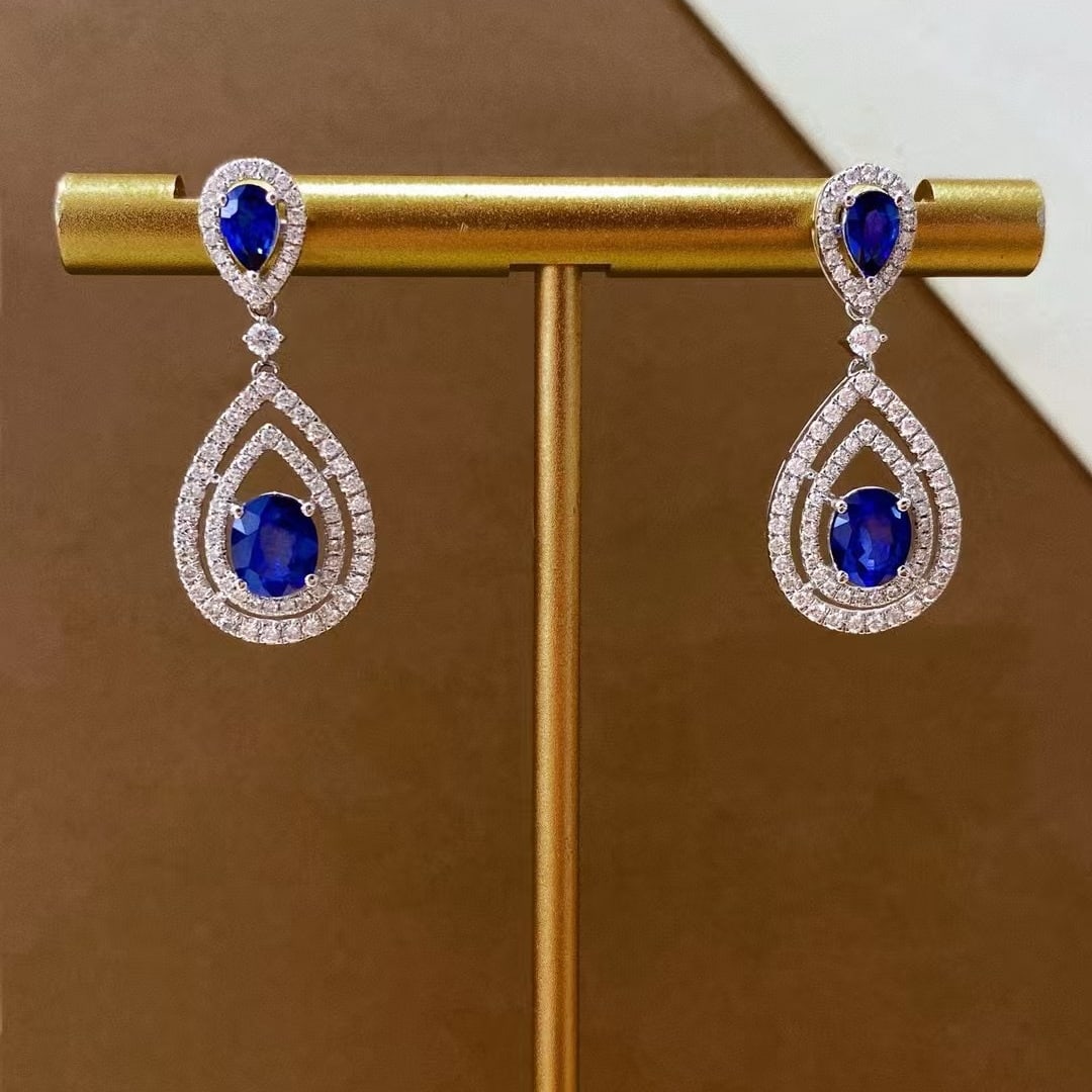 14k Gold 3.19 Ctw Natural Sapphire & Diamond Earrings: Ref:230971050 // gold content:14k gold // main gemstone:sapphire // shape:multiply // carat weight:2. 44ct // color:royal blue // treatment:natural // // adjacent gemstone 2 : diamond // shape:round /