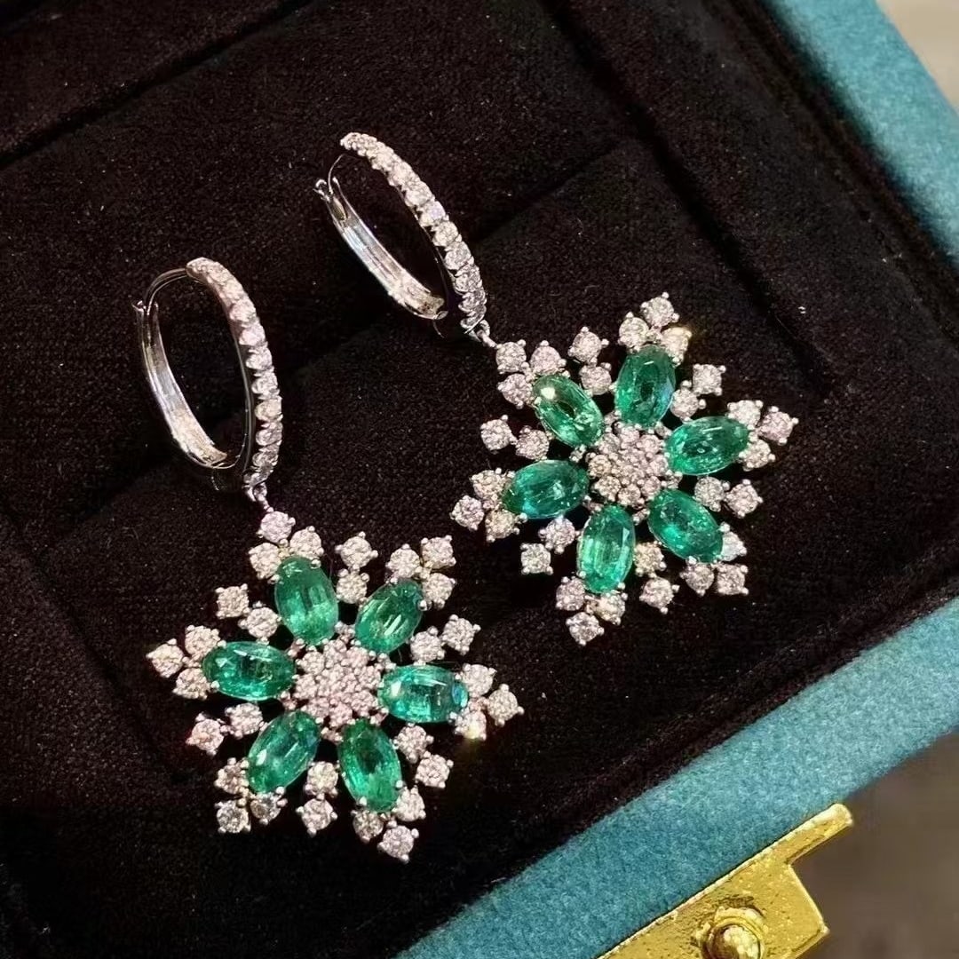 14k Gold 3.94 Ctw Natural Emerald & Diamond Earrings - 2