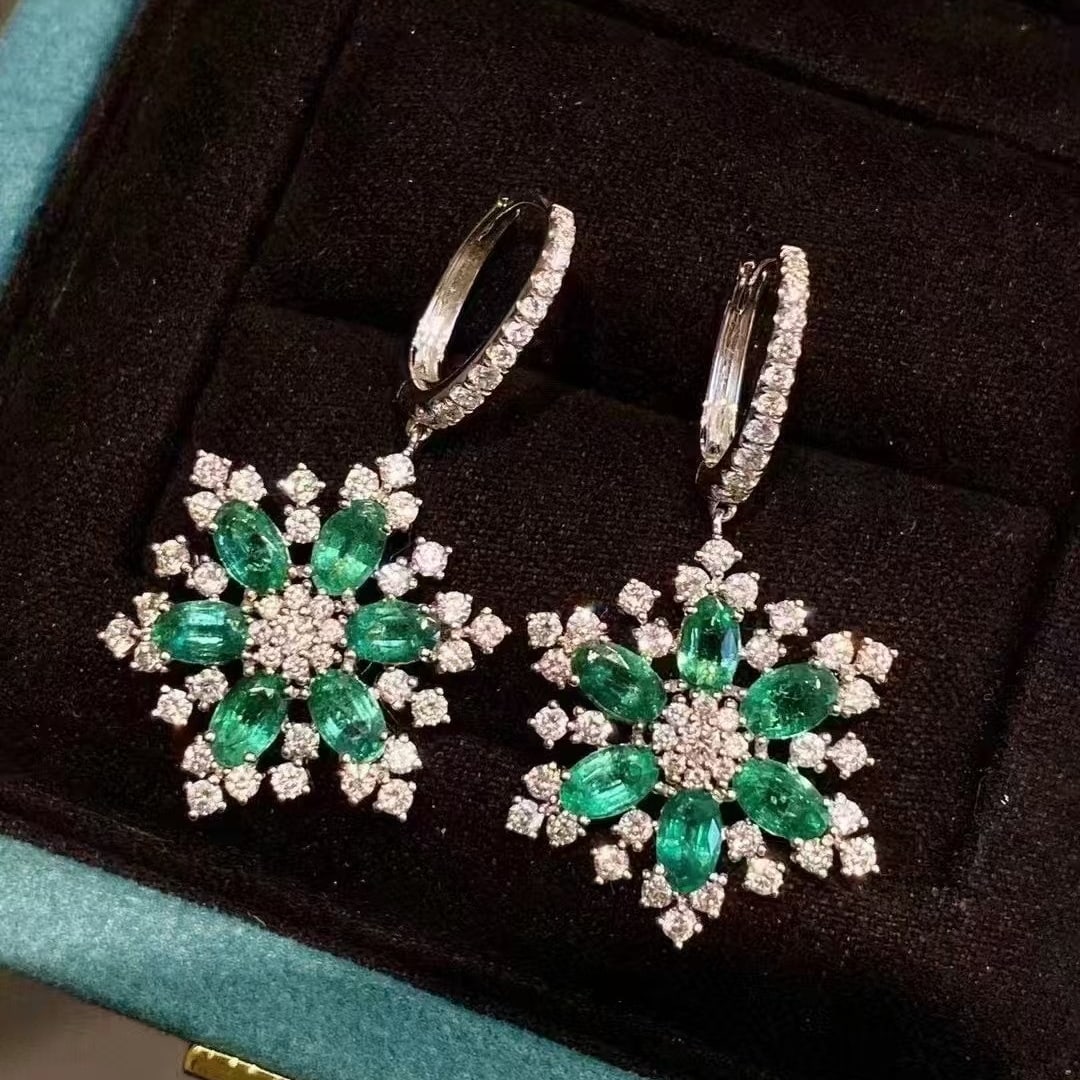 14k Gold 3.94 Ctw Natural Emerald & Diamond Earrings - 4