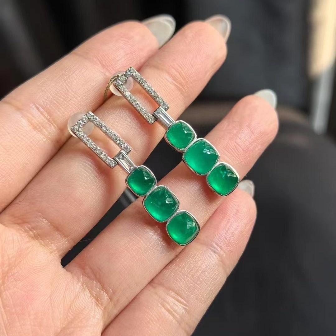 14k Gold 6.2 Ct Natural Emerald & Diamond Earrings - 2