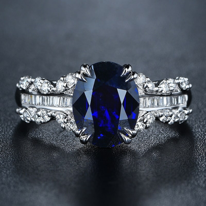 14k Gold 2.55 Ct Natural Sapphire & Diamond Ring: Ref:230971081 // gold content:14k gold // ring size:7. 25us // // main gemstone:sapphire // shape:oval // carat weight:2. 55ct // color:royal blue // treatment:natural // // adjacent gemstone 2 :
