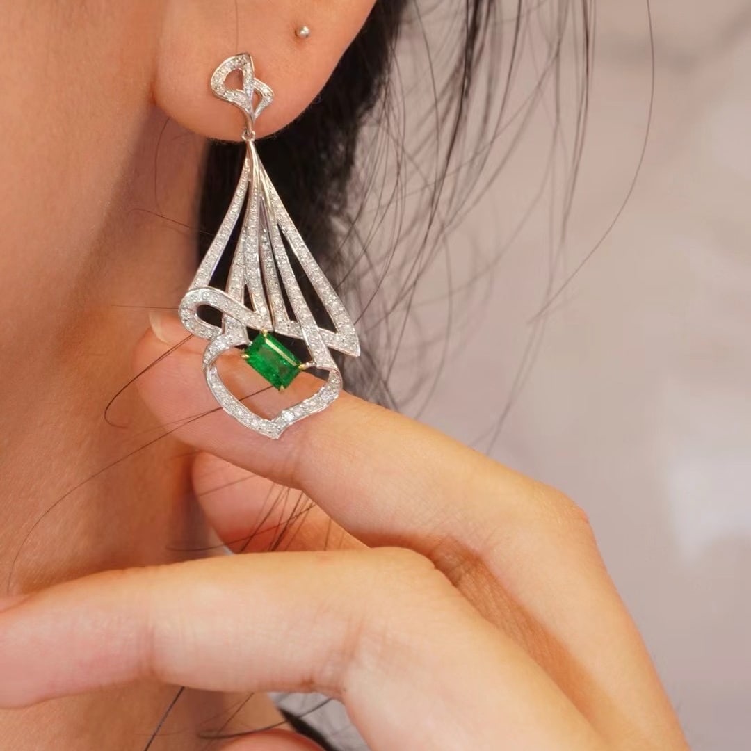 14k Gold 2.08 Ctw Vivid Green Natural Emerald & Diamond Earrings - 5