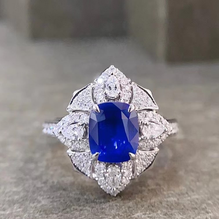 14k Gold 2.22 Ctw Natural Sapphire & Diamond Ring/pendant( Without Chain ): Ref:230971095 // gold content:14k gold // ring size:7. 25us // // main gemstone:sapphire // shape:cushion // carat weight:1. 54ct // color:royal blue // treatment:natural // // adjacent gemstone 2