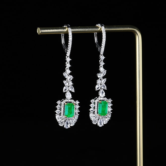 14k Gold 1.96 Ctw Vivid Green Natural Emerald & Diamond Earrings - 2