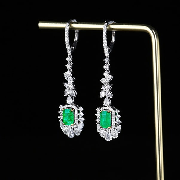 14k Gold 1.96 Ctw Vivid Green Natural Emerald & Diamond Earrings - 4