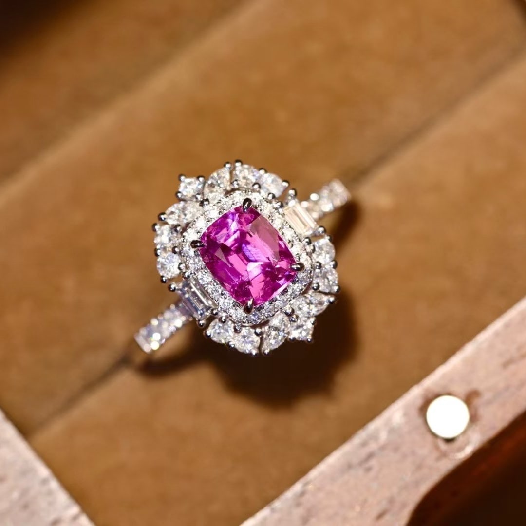 14k Gold 1.79 Ctw Natural Sapphire & Diamond Ring: Ref:230971115 // gold content:14k gold // ring size:7. 25us // // main gemstone:sapphire // shape:cushion // carat weight:1. 21ct // color:pink // treatment:natural // // adjacent gemstone 2 :