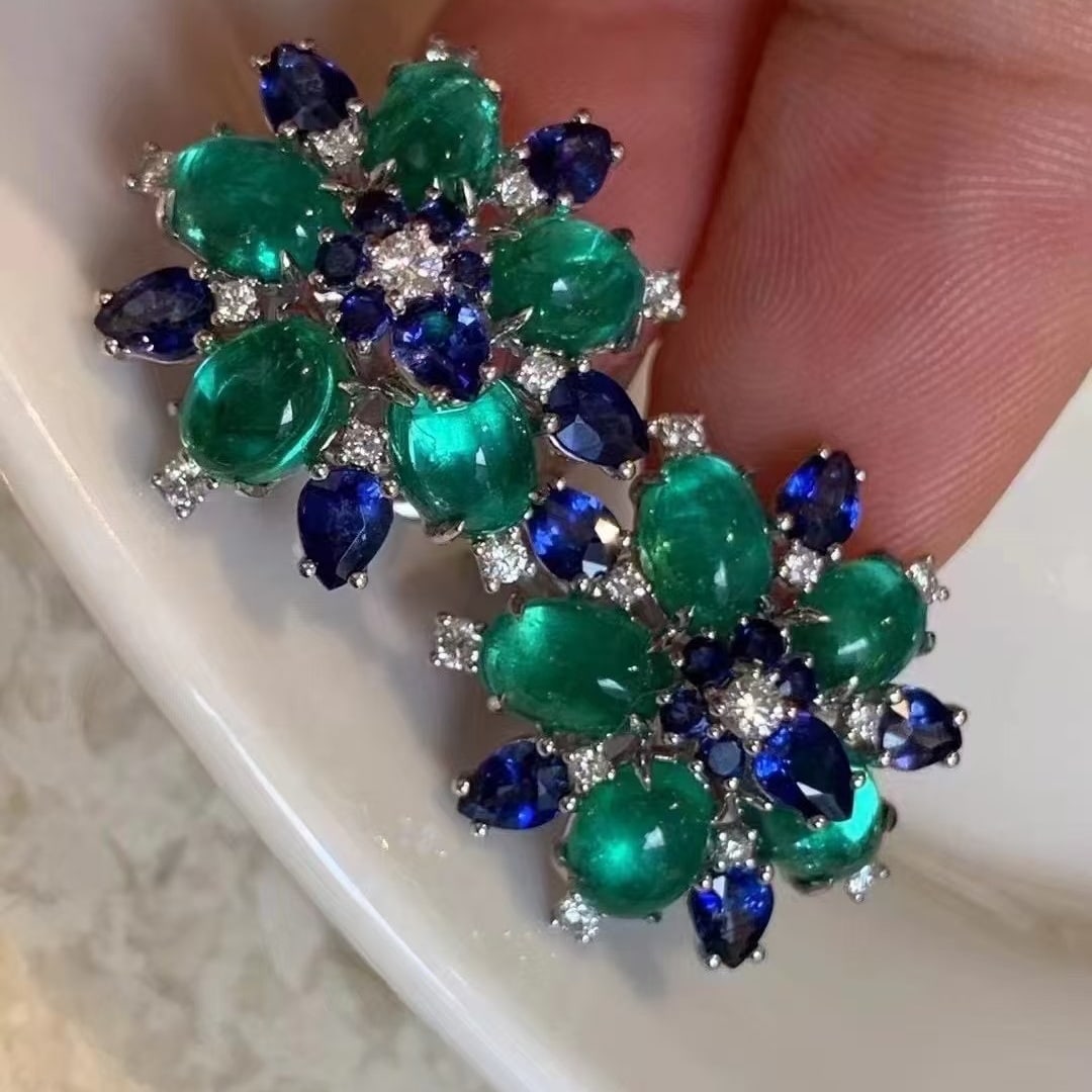 14k Gold 8.83 Ctw Natural Emerald & Sapphire Earrings - 2