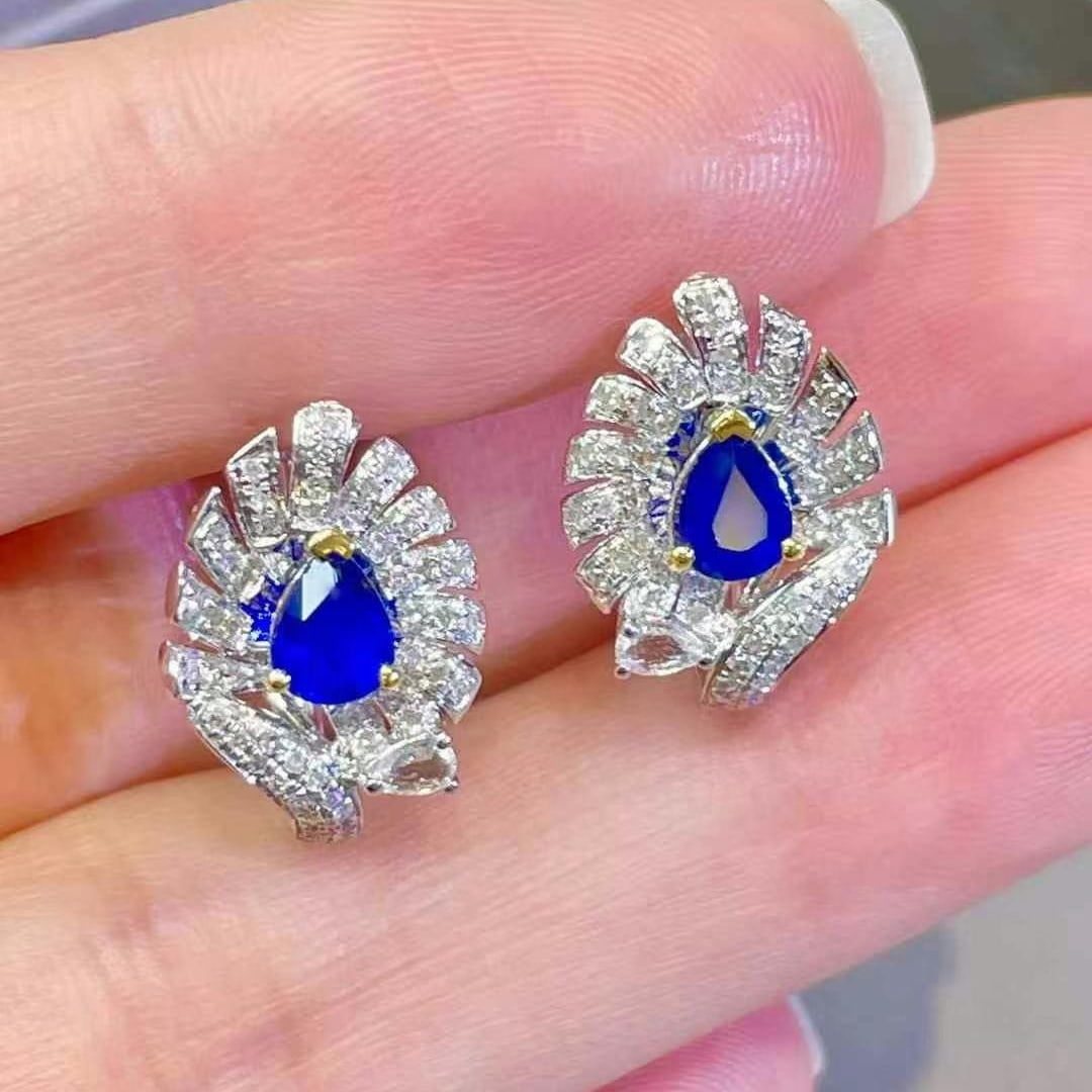 14k Gold 0.62 Ct Natural Sapphire & Diamond Earrings - 2