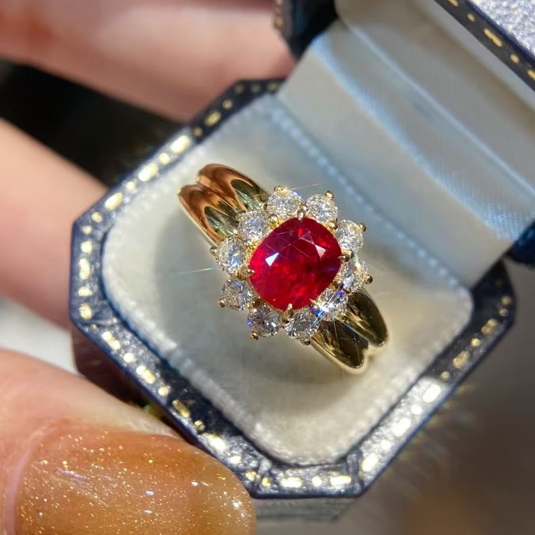 14k Gold 2.36 Ctw Natural Ruby & Diamond Ring: Ref:230971196 // gold content:14k gold // ring size:7. 25us // // main gemstone:ruby // shape:cushion // carat weight:1. 65ct // color:pigeonblood red // treatment:natural // // adjacent gemstone 2 :