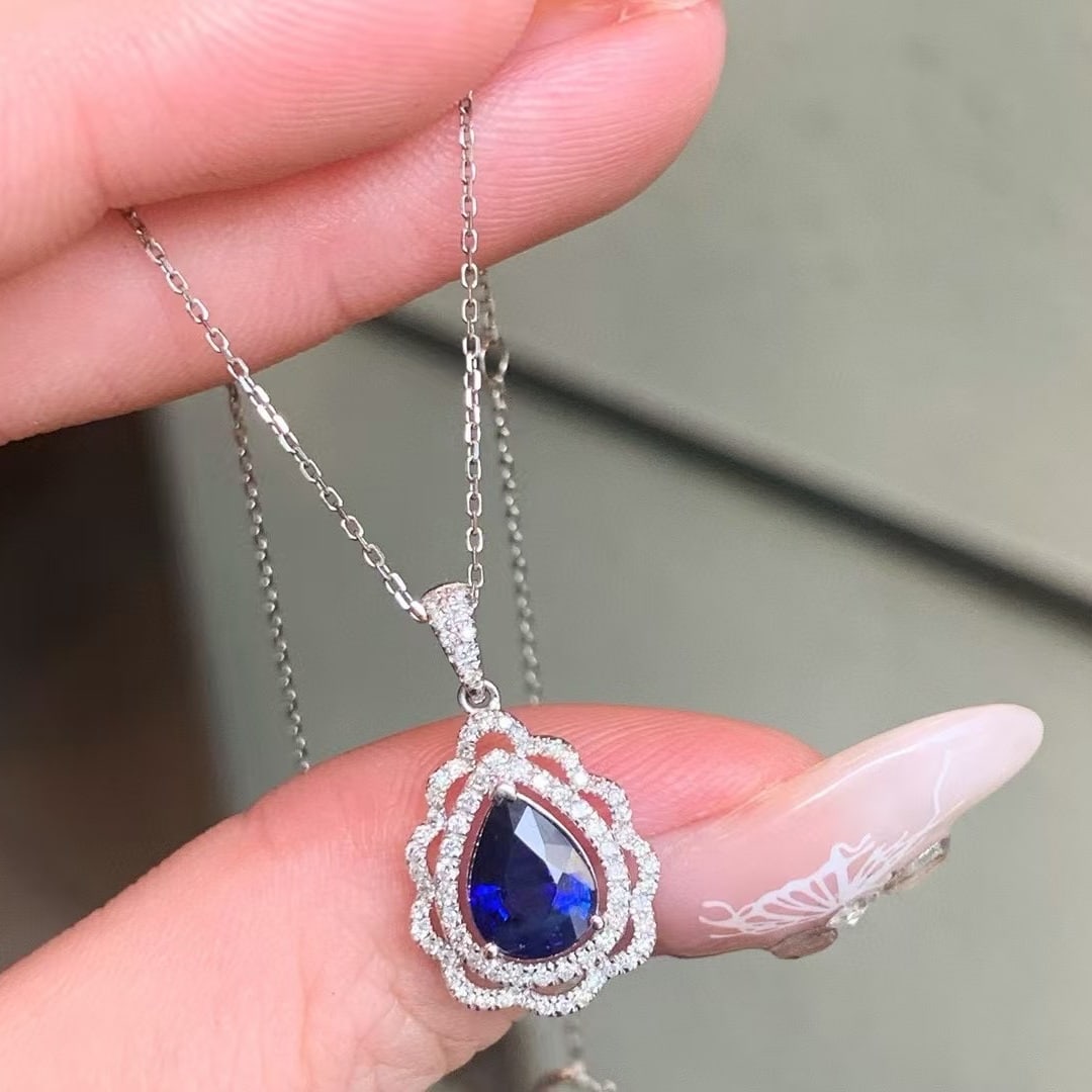 14k Gold 1.65 Ctw Natural Sapphire & Diamond Pendant( Without Chain ) - 3