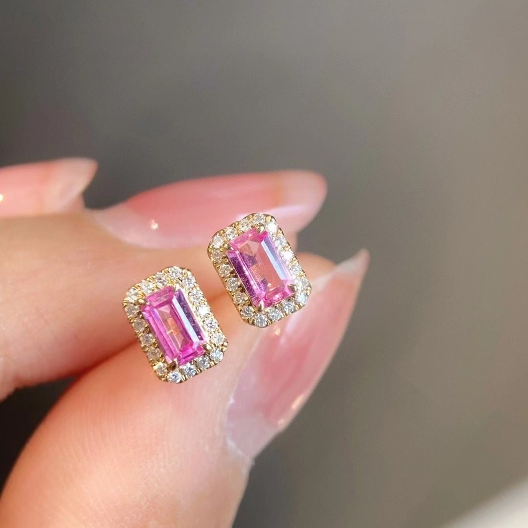 14k Gold 0.75 Ctw Natural Sapphire & Diamond Earrings: Ref:230971225 // gold content:14k gold // main gemstone:sapphire // shape:octagonal // carat weight:0. 6ct // color:pink // treatment:natural // // adjacent gemstone 2 : diamond // shape:round //