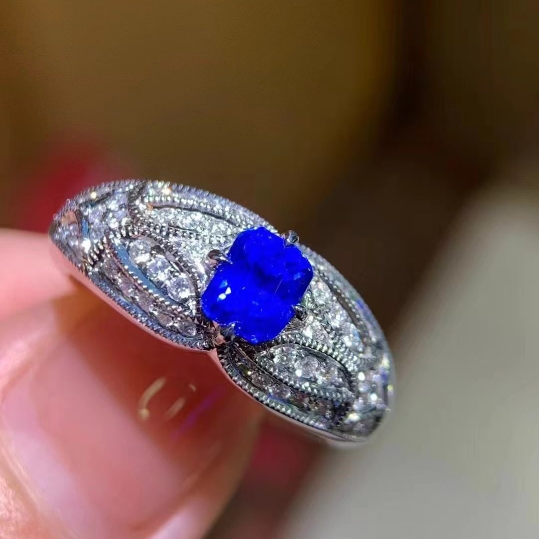 14k Gold 1.38 Ctw Natural Sapphire & Diamond Ring: Ref:230971249 // gold content:14k gold // ring size:7. 25us // // main gemstone:sapphire // shape:octagonal // carat weight:1. 03ct // color:blue // treatment:natural // // adjacent gemstone 2 :