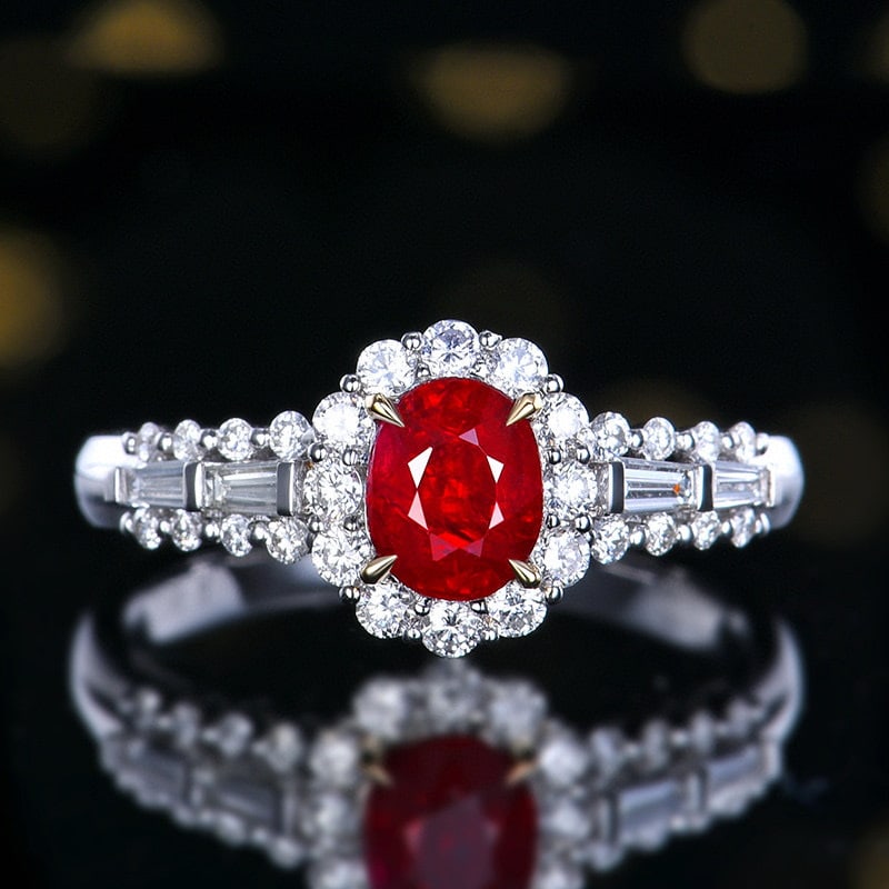14k Gold 1.54 Ctw Natural Ruby & Diamond Ring: Ref:230971252 // gold content:14k gold // ring size:7. 25us // // main gemstone:ruby // shape:oval // carat weight:1. 02ct // color:pigeonblood red // treatment:natural // // adjacent gemstone 2 : dia