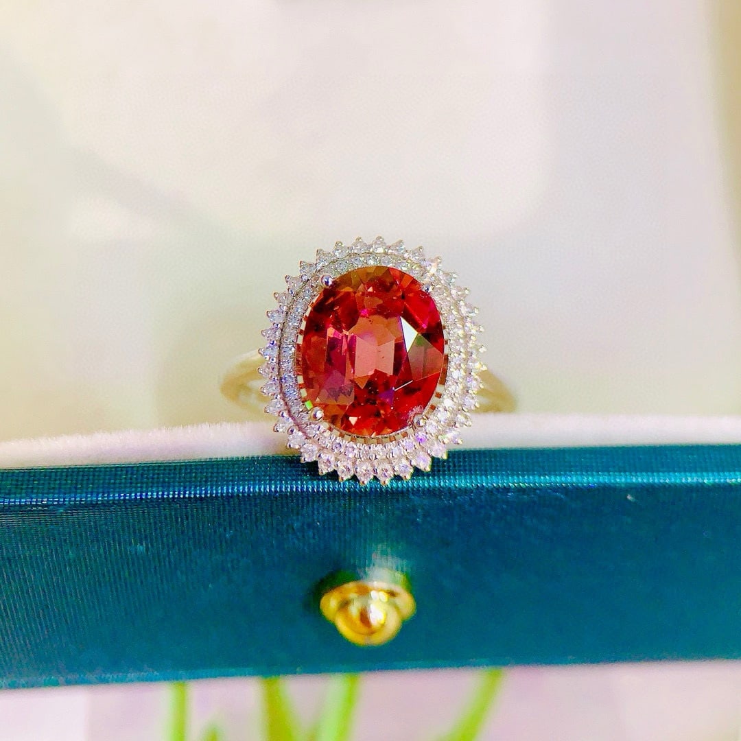 14k Gold 3.20 Ctw Natural Tourmaline & Diamond Ring: Ref:230971256 // gold content:14k gold // ring size:7. 25us // // main gemstone:tourmaline // shape:oval // carat weight:2. 9ct // color:red // treatment:natural // // adjacent gemstone 2 :