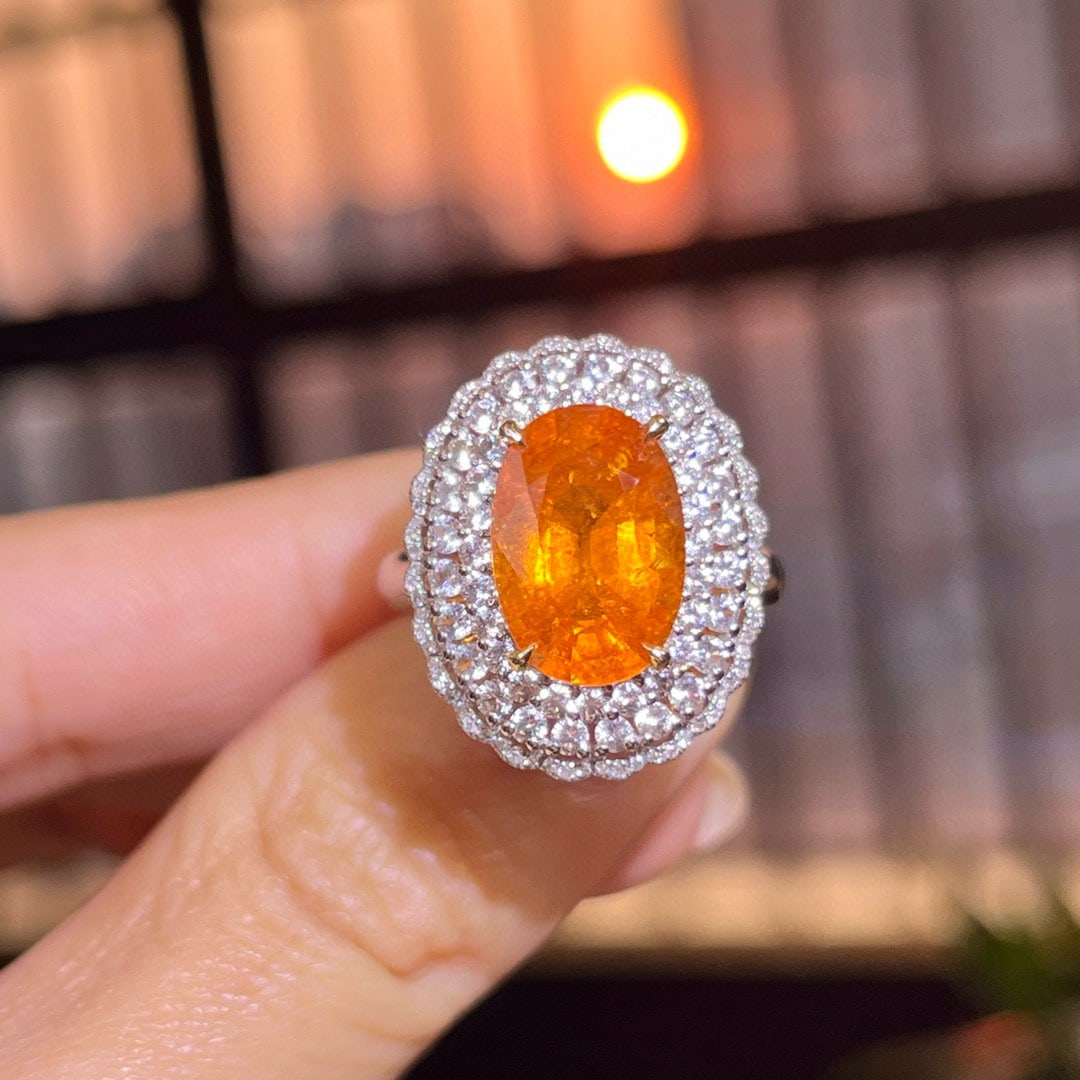 14k Gold 5.83 Ctw Natural Spessartine & Diamond Ring/pendant( Without Chain ): Ref:230971259 // gold content:14k gold // ring size:7. 25us // // main gemstone:spessartine // shape:oval // carat weight:5. 65ct // color:orange // treatment:natural // // adjacent gemstone 2 :