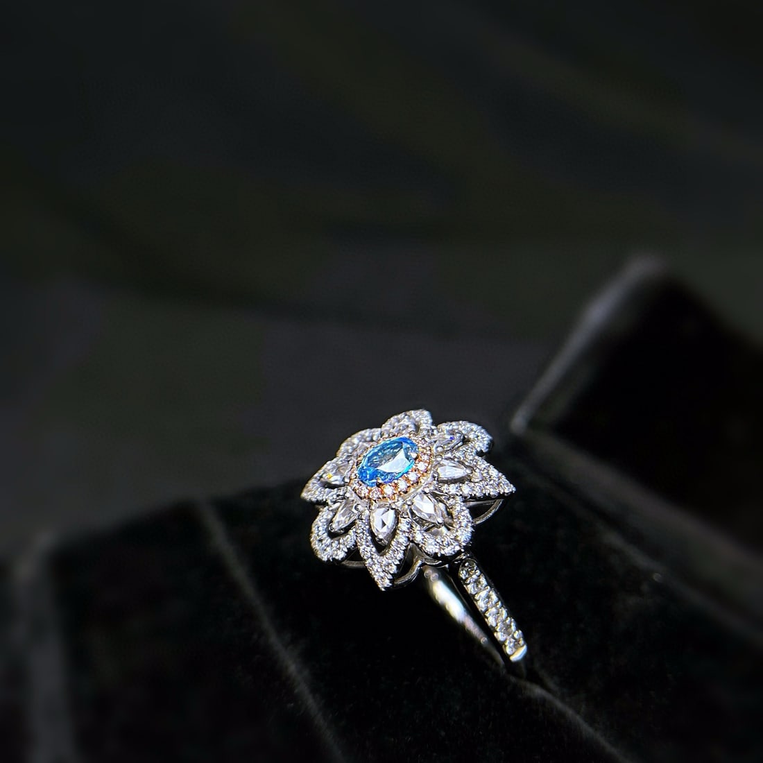 14k Gold 1.06 Ctw Natural Blue Diamond & Diamond Ring: Ref:230972005 // gold content:14k gold // ring size:7. 25us // // main gemstone:blue diamond // shape:oval // carat weight:0. 37ct // color:blue // treatment:natural // // adjacent gemstone 2 :