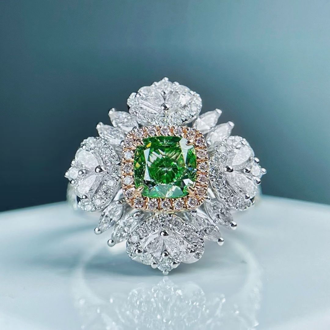 14k Gold 2.23 Ctw Natural Green Diamond & Diamond Ring: Ref:230972012 // gold content:14k gold // ring size:7. 25us // // main gemstone:green diamond // shape:cushion // carat weight:1. 02ct // color:green // treatment:natural // // adjacent gemstone 2