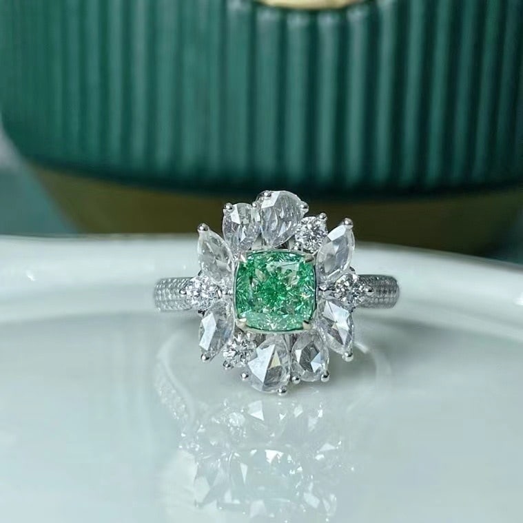 Gia Certified 14k Gold 2.33 Ctw Natural Green Diamond & Diamond Ring/pendant( Without Chain ): Ref:230972017 // gold content:14k gold // ring size:7. 25us // // main gemstone:green diamond // certified:gia // shape:cushion // carat weight:1. 10ct // clarity grade:vs1 // color:green //