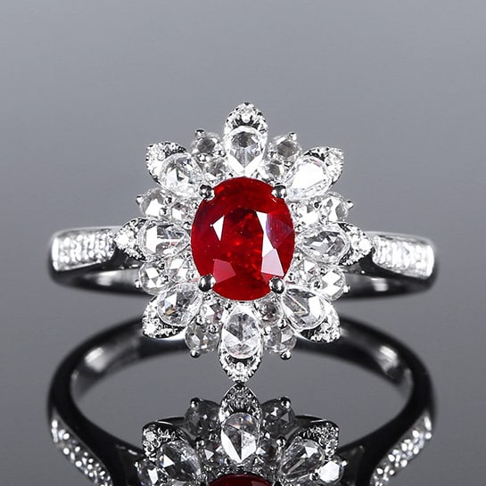 14k Gold 1.59 Ctw Natural Ruby & Diamond Ring: Ref:230972028 // gold content:14k gold // ring size:7. 25us // // main gemstone:ruby // shape:oval // carat weight:1. 03ct // color:pigeonblood red // treatment:natural // // adjacent gemstone 2 : dia