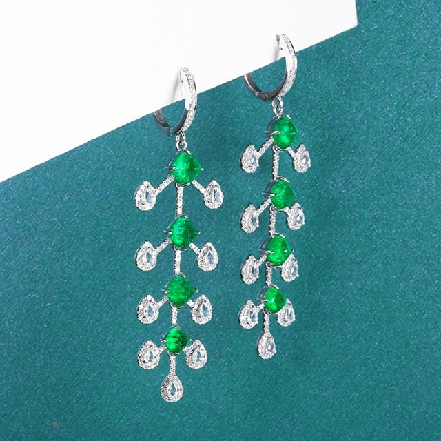 14k Gold 5.55 Ctw Vivid Green Natural Emerald & Diamond Earrings - 2