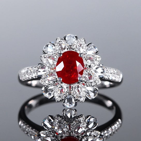 14k Gold 1.61 Ctw Natural Ruby & Diamond Ring: Ref:230972050 // gold content:14k gold // ring size:7. 25us // // main gemstone:ruby // shape:oval // carat weight:1. 05ct // color:pigeonblood red // treatment:natural // // adjacent gemstone 2 : dia