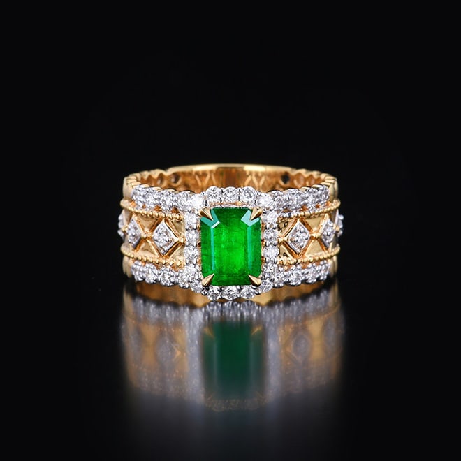 14k Gold 1.90 Ctw Vivid Green Natural Emerald & Diamond Ring: Ref:230972054 // gold content:14k gold // ring size:7. 25us // // main gemstone:emerald // shape:octagonal // carat weight:1. 37ct // color:vivid green // treatment:natural // // adjacent gemstone
