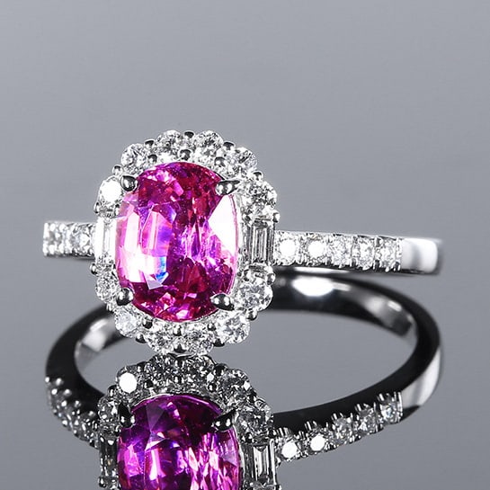 14k Gold 2.28 Ctw Natural Sapphire & Diamond Ring: Ref:230972070 // gold content:14k gold // ring size:7. 25us // // main gemstone:sapphire // shape:oval // carat weight:1. 87ct // color:pink // treatment:natural // // adjacent gemstone 2 : diamond //