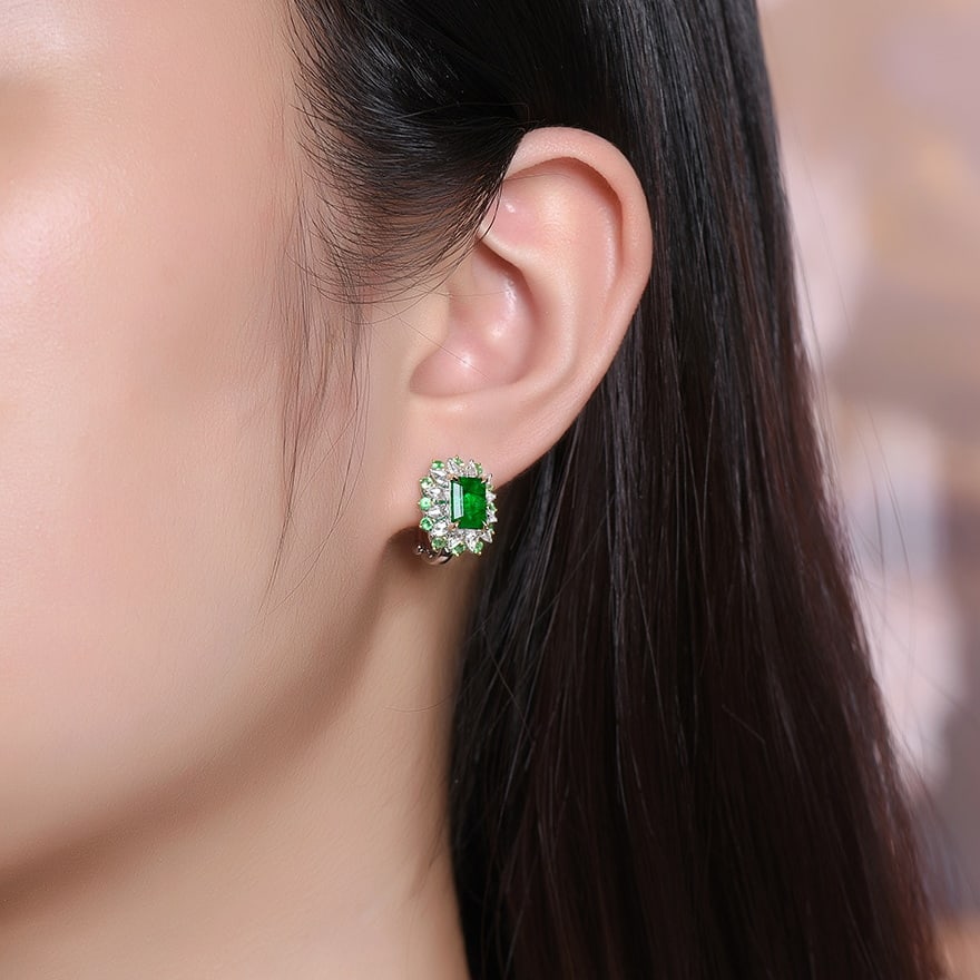 14k Gold 2.99 Ctw Vivid Green Natural Emerald & Diamond Earrings - 5