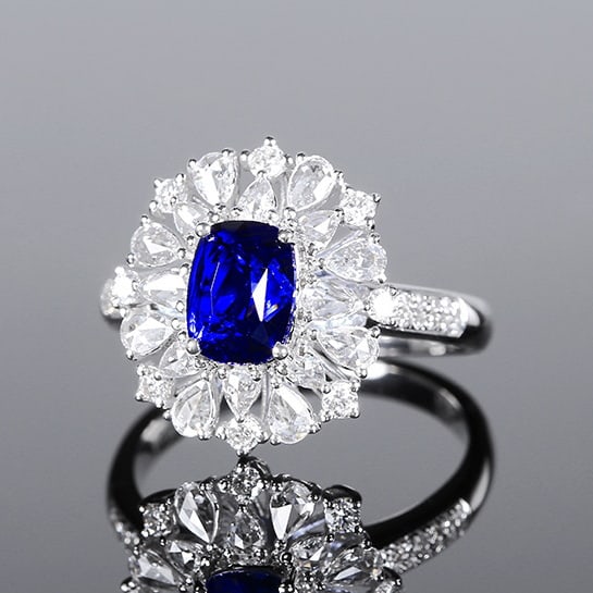 14k Gold 2.73 Ctw Natural Sapphire & Diamond Ring: Ref:230972130 // gold content:14k gold // ring size:7. 25us // // main gemstone:sapphire // shape:cushion // carat weight:2. 03ct // color:royal blue // treatment:natural // // adjacent gemstone 2