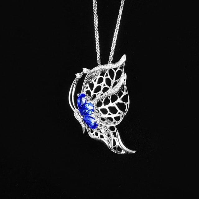 14k Gold 1.54 Ctw Vivid Blue Natural Sapphire & Diamond & Butterfly Pendant( Without Chain ) - 2