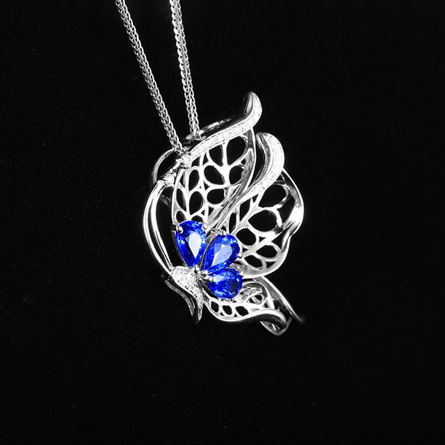 14k Gold 1.54 Ctw Vivid Blue Natural Sapphire & Diamond & Butterfly Pendant( Without Chain ) - 3