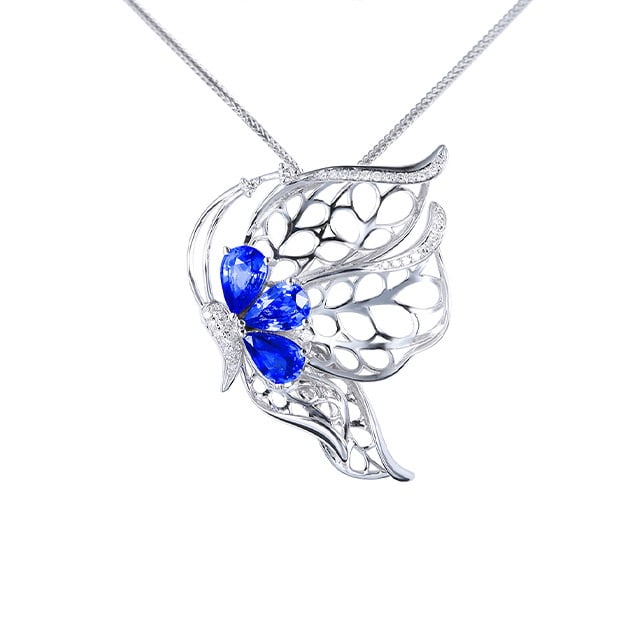 14k Gold 1.54 Ctw Vivid Blue Natural Sapphire & Diamond & Butterfly Pendant( Without Chain ) - 5