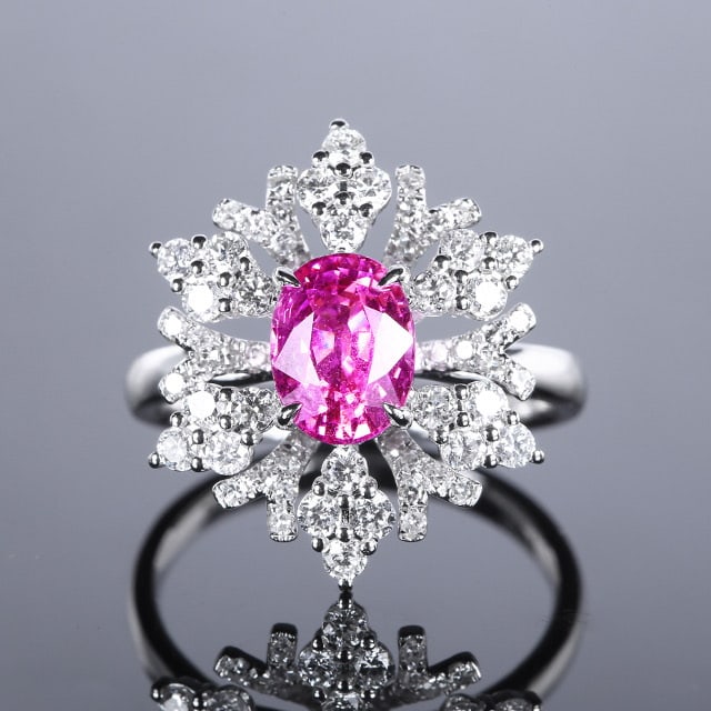 14k Gold 2.81 Ctw Natural Padparadscha Sapphire & Diamond Ring: Ref:230972148 // gold content:14k gold // ring size:7. 25us // // main gemstone:padparadscha sapphire // shape:oval // carat weight:1. 88ct // color:orangish pink // treatment:natural // //