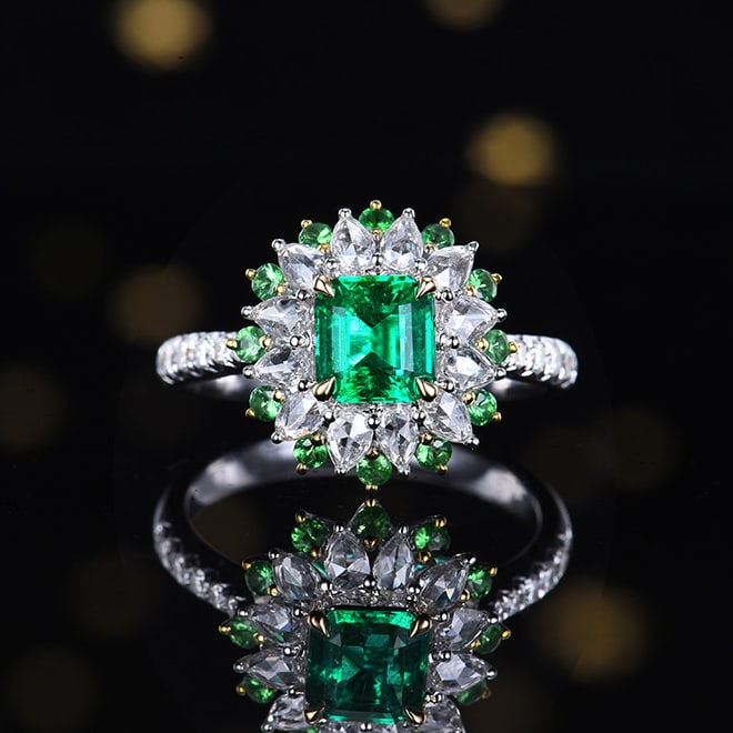 14k Gold 1.42 Ctw Vivid Green Natural Emerald & Diamond Ring: Ref:230972155 // gold content:14k gold // ring size:7. 25us // // main gemstone:emerald // shape:octagonal // carat weight:0. 82ct // color:vivid green // treatment:natural // // adjacent gemstone