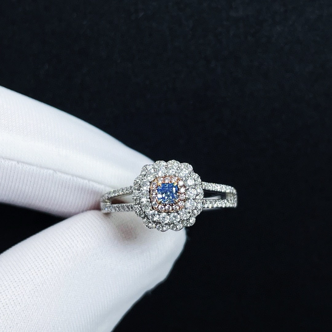 14k Gold 0.56 Ctw Natural Blue Diamond & Diamond Ring: Ref:230972198 // gold content:14k gold // ring size:7. 25us // // main gemstone:blue diamond // shape:cushion // carat weight:0. 11ct // color:blue // treatment:natural // // adjacent gemstone 2 :