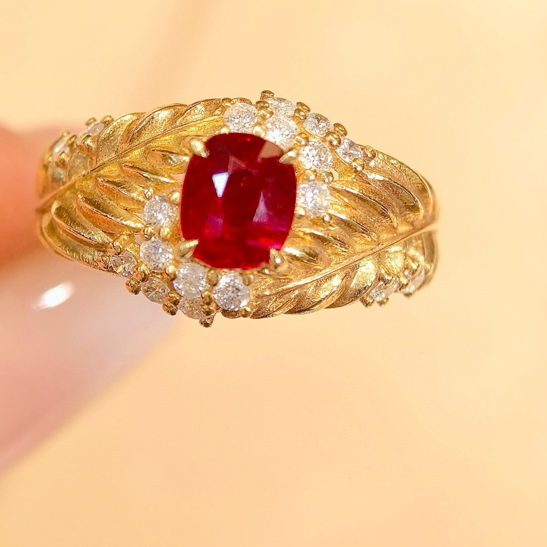 14k Gold 1.41 Ctw Natural Ruby & Diamond Ring: Ref:230972236 // gold content:14k gold // ring size:7. 25us // // main gemstone:ruby // shape:cushion // carat weight:1. 03ct // color:pigeonblood red // treatment:natural // // adjacent gemstone 2 :