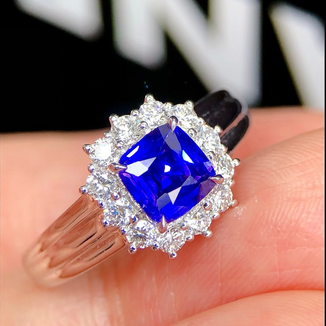 14k Gold 1.54 Ctw Natural Sapphire & Diamond Ring: Ref:230972247 // gold content:14k gold // ring size:7. 25us // // main gemstone:sapphire // shape:cushion // carat weight:1. 06ct // color:blue // treatment:natural // // adjacent gemstone 2 :