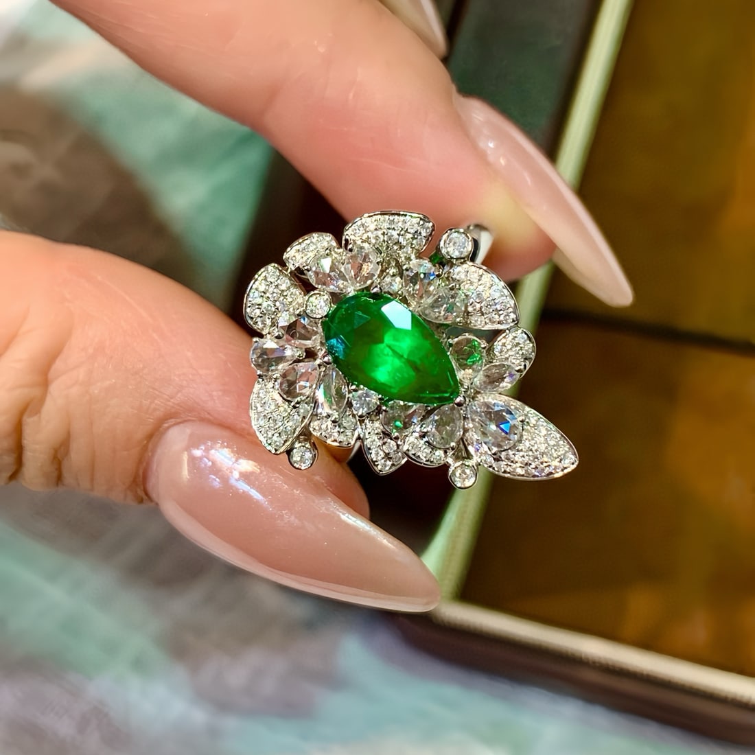 14k Gold 1.97 Ctw Vivid Green Natural Emerald & Diamond Ring/pendant( Without Chain ): Ref:230972252 // gold content:14k gold // ring size:7. 25us // // main gemstone:emerald // shape:pear // carat weight:1. 18ct // color:vivid green // treatment:natural // // adjacent gemstone 2 :