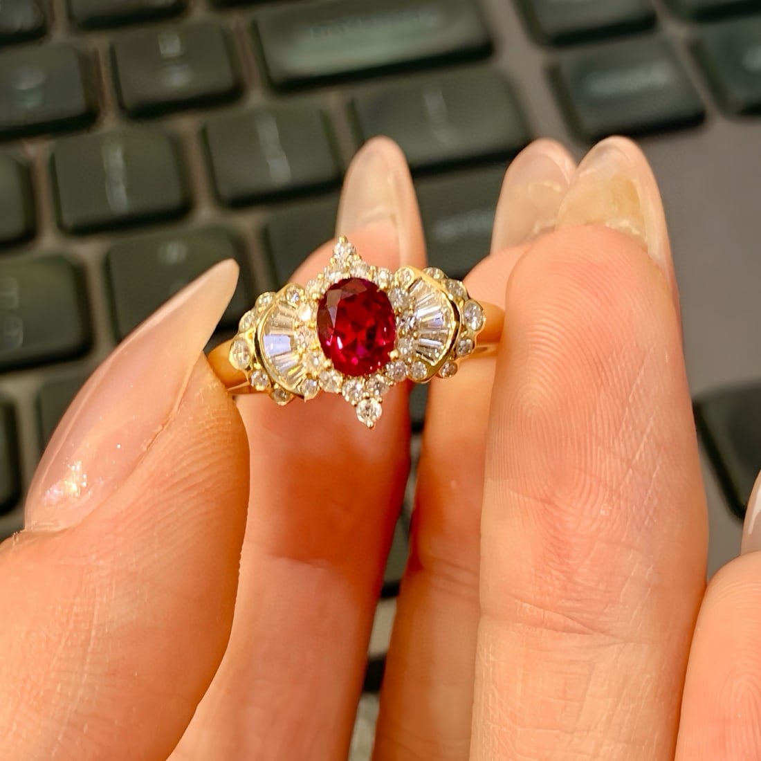 14k Gold 1.08 Ctw Natural Ruby & Diamond Ring: Ref:230972273 // gold content:14k gold // ring size:7. 25us // // main gemstone:ruby // shape:oval // carat weight:0. 73ct // color:pigeonblood red // treatment:natural // // adjacent gemstone 2 :