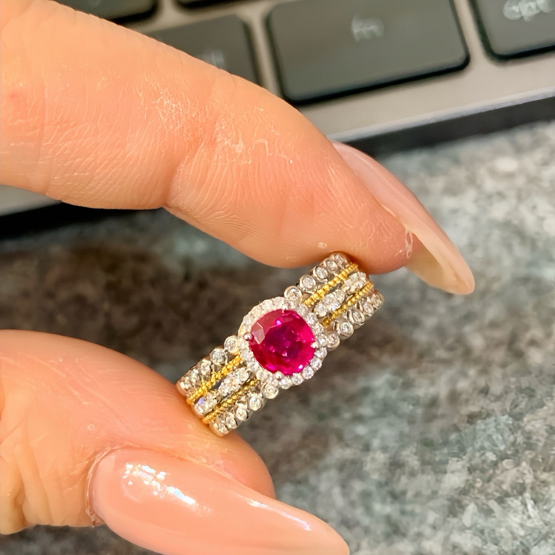 14k Gold 0.83 Ctw Natural Ruby & Diamond Ring: Ref:230972279 // gold content:14k gold // ring size:7. 25us // // main gemstone:ruby // shape:oval // carat weight:0. 63ct // color:pigeonblood red // treatment:natural // // adjacent gemstone 2 :