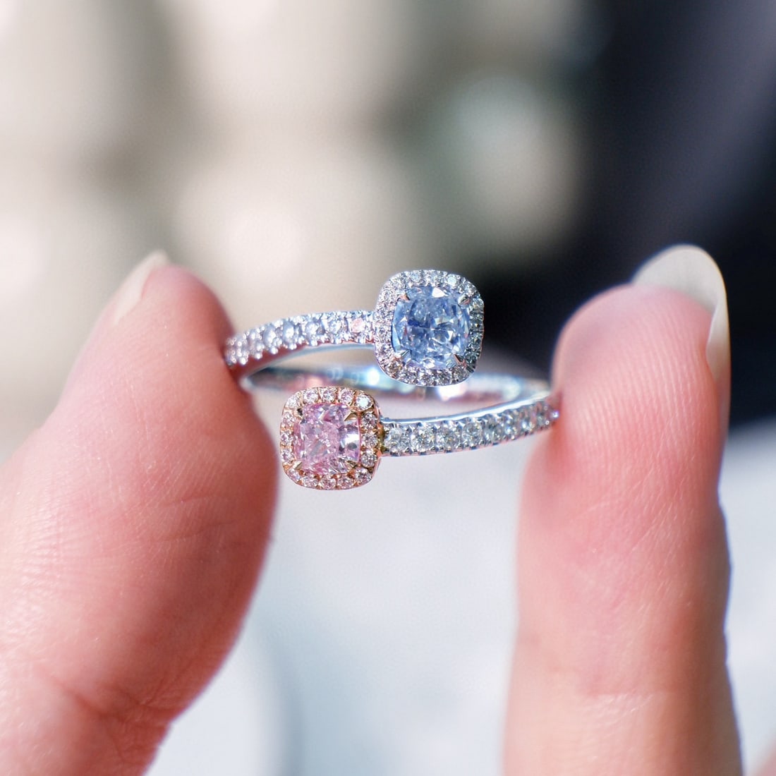 Gia Certified 14k Gold 0.70 Ctw Natural Blue Diamond & Pink Diamond Ring: Ref:230972282 // gold content:14k gold // ring size:7. 25us // // main gemstone:blue diamond // certified:gia // shape:cushion // carat weight:0. 43ct // clarity grade:si1 // color:blue //