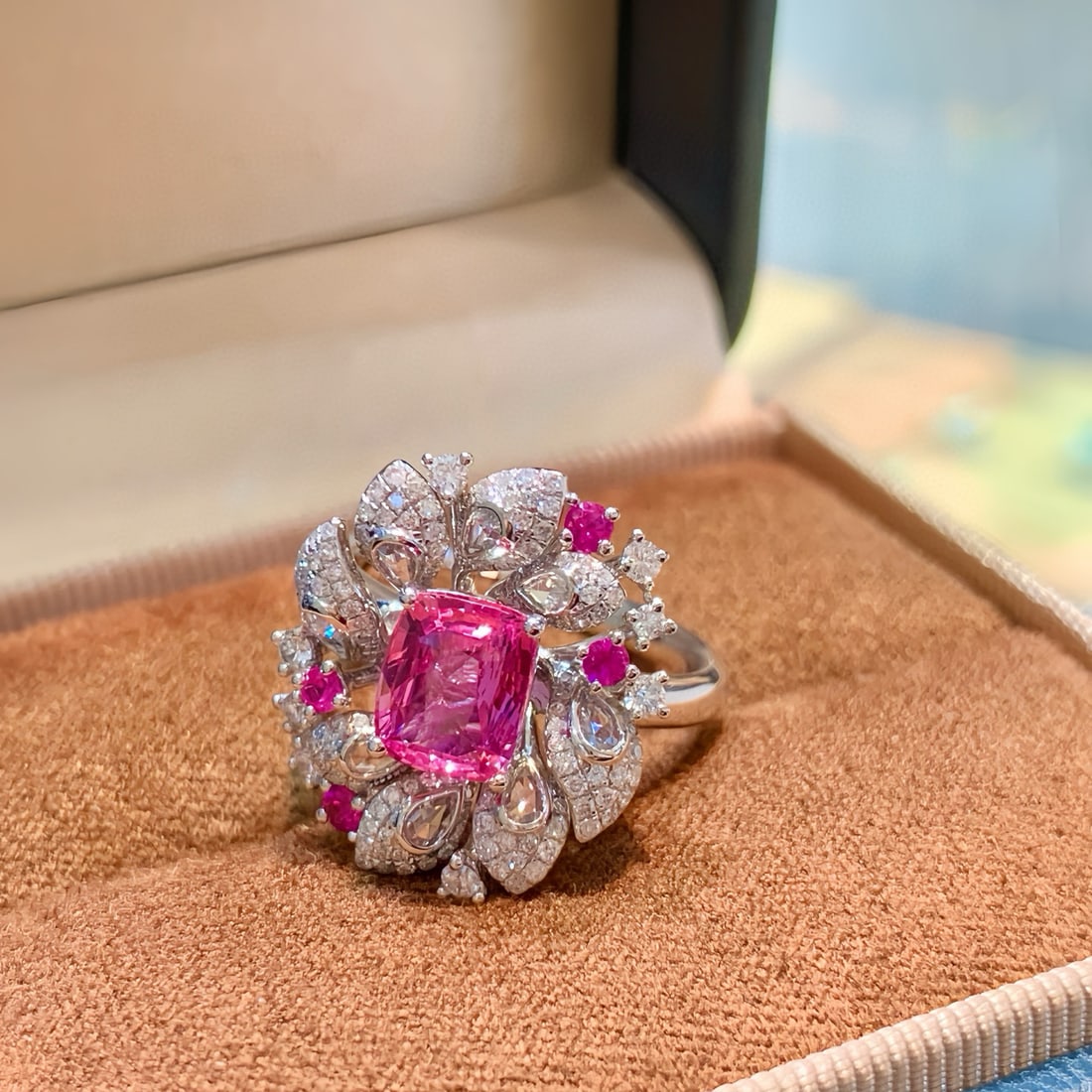 14k Gold 2.08 Ctw Natural Sapphire & Diamond Ring: Ref:230972297 // gold content:14k gold // ring size:7. 25us // // main gemstone:sapphire // shape:cushion // carat weight:1. 53ct // color:pink // treatment:natural // // adjacent gemstone 2 :