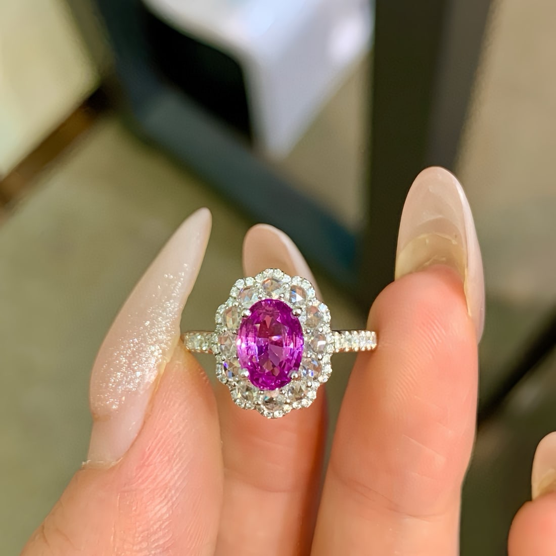 14k Gold 2.17 Ctw Natural Sapphire & Diamond Ring: Ref:230972301 // gold content:14k gold // ring size:7. 25us // // main gemstone:sapphire // shape:oval // carat weight:1. 56ct // color:pink // treatment:natural // // adjacent gemstone 2 :