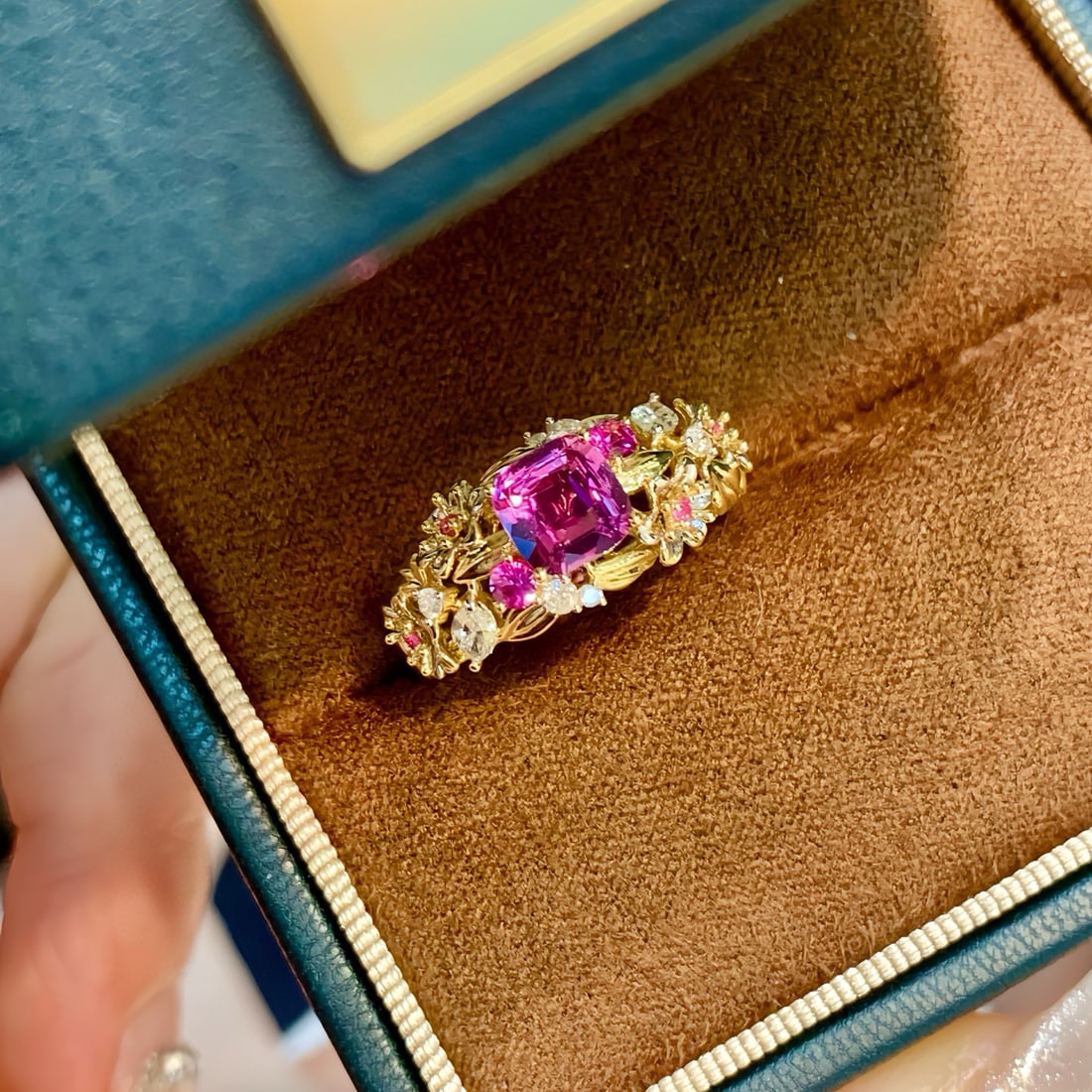 14k Gold 1.48 Ctw Natural Padparadscha Sapphire & Diamond Ring: Ref:230972303 // gold content:14k gold // ring size:7. 25us // // main gemstone:padparadscha sapphire // shape:cushion // carat weight:1. 08ct // color:orangish pink // treatment:natural // //