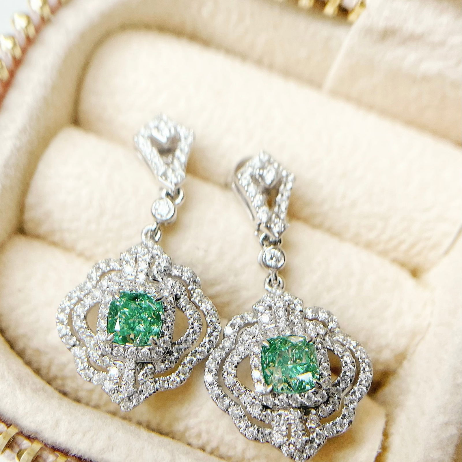 14k Gold 1.89 Ctw Natural Green Diamond & Diamond Earrings: Ref:230972312 // gold content:14k gold // main gemstone:green diamond // shape:cushion // carat weight:1. 10ct // color:green // treatment:natural // // adjacent gemstone 2 : diamond // shape:round