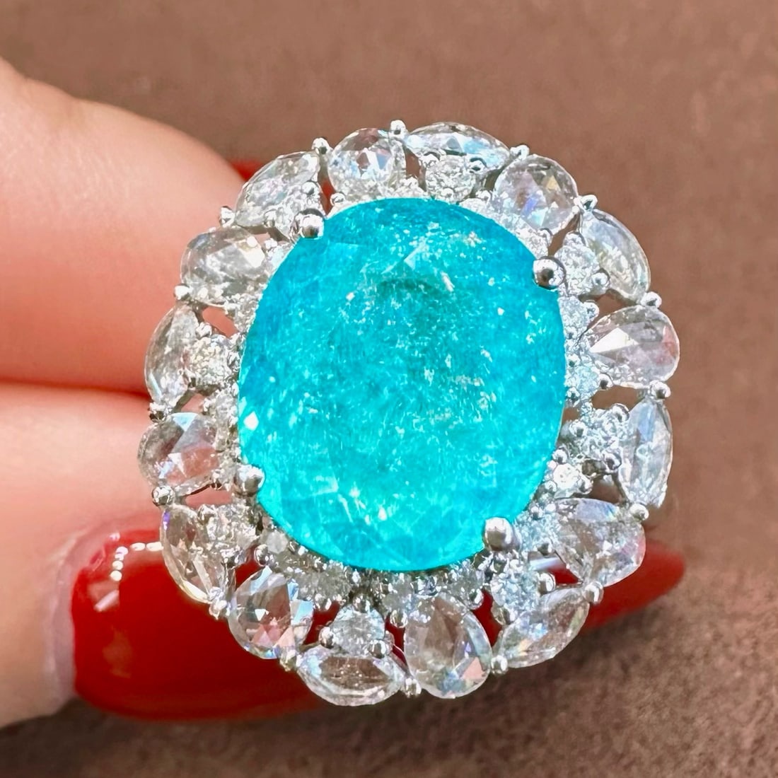 14k Gold 5.53 Ctw Natural Paraiba Tourmaline & Diamond Ring/pendant( Without Chain ): Ref:230972325 // gold content:14k gold // ring size:7. 25us // // main gemstone:paraiba tourmaline // shape:oval // carat weight:4. 51ct // color:blue // treatment:natural // // adjacent gemstone