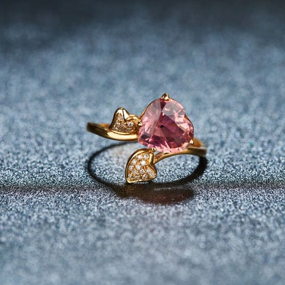 14k Gold 2.1 Ct Natural Tourmaline & Diamond Ring: Ref:230972340 // gold content:14k gold // ring size:7. 25us // // main gemstone:tourmaline // shape:heart // carat weight:2. 1ct // color:red // treatment:natural // // adjacent gemstone 2 :