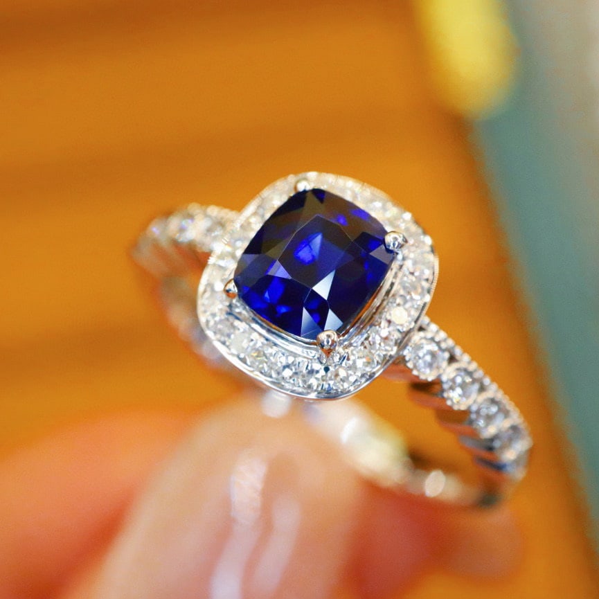 14k Gold 1.29 Ctw Natural Sapphire & Diamond Ring: Ref:230972371 // gold content:14k gold // ring size:7. 25us // // main gemstone:sapphire // shape:cushion // carat weight:1. 08ct // color:royal blue // treatment:natural // // adjacent gemstone 2