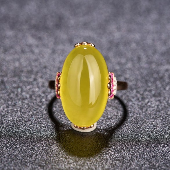 14k Gold 15.1 Ct Natural Prehnite & Ruby & Diamond Ring: Ref:230972398 // gold content:14k gold // ring size:7. 25us // // main gemstone:prehnite // shape:oval // carat weight:15. 1ct // color:yellow // treatment:natural // // adjacent gemstone 2 : ruby
