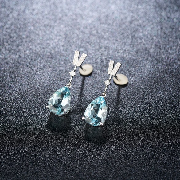 14k Gold 3.58 Ct Natural Aquamarine & Diamond Earrings - 2